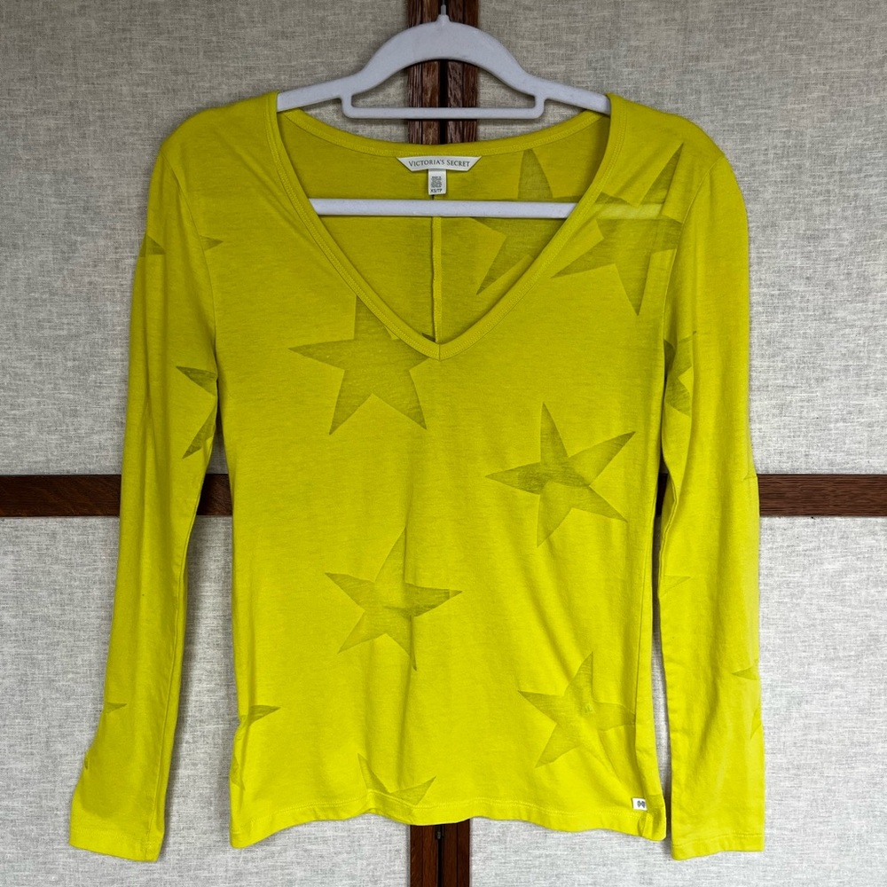 Victoria's Secret Lime Yellow Star Long Sleeve V-Neck Top with Sheer Stars - XS
